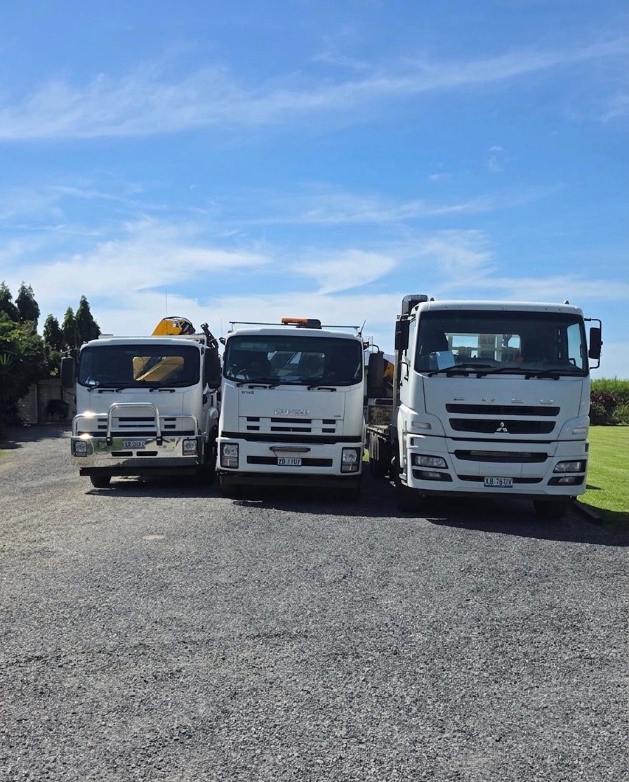 The three JMG Transport crane trucks lined up at the Pleystowe yard
